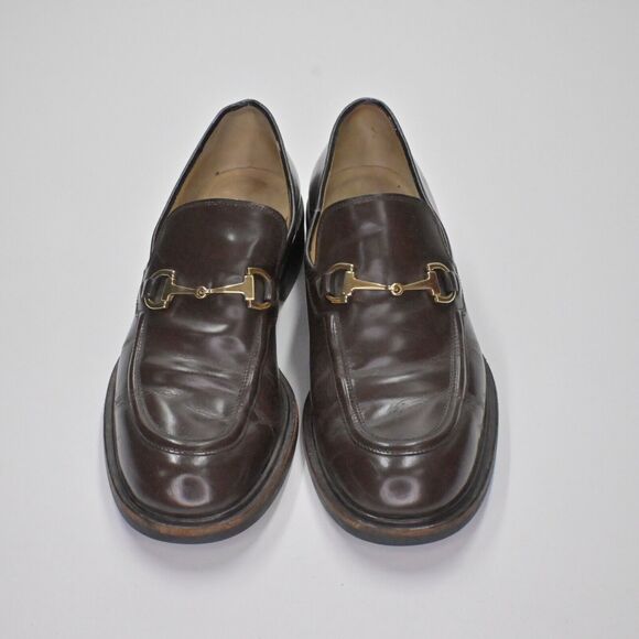 Vtg GUCCI Horsebit Loafers Womens Sz 7 Brown Leather Gold Round Toe Slip On 90s - Picture 2 of 12